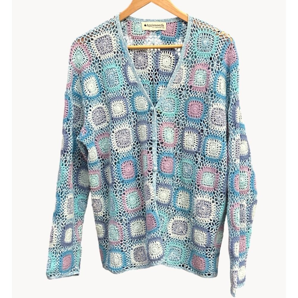 Vintage Appleseeds Crocheted Granny Square Pastel Cardigan Boho Y2K Whimsy